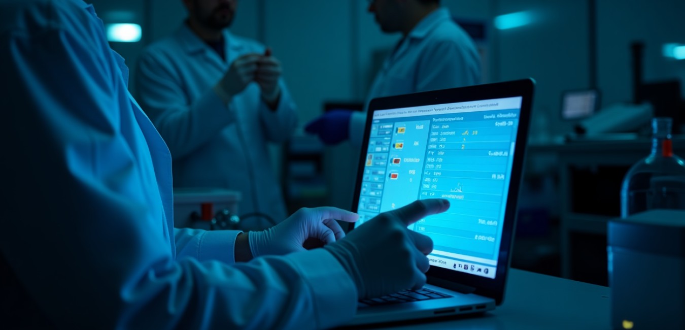 Nowoczesne laboratorium medyczne z wyświetlaczami pokazującymi wyniki monitorowania stężenia leku w mrocznej scenerii.